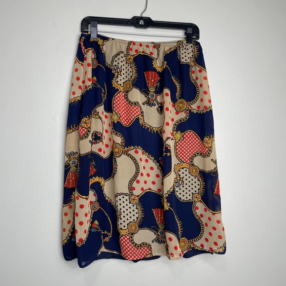 Unknown Dresses & Skirts - Retro Vibe Colorful Knee Length Patterned Slip Skirt Tan Navy Red 40